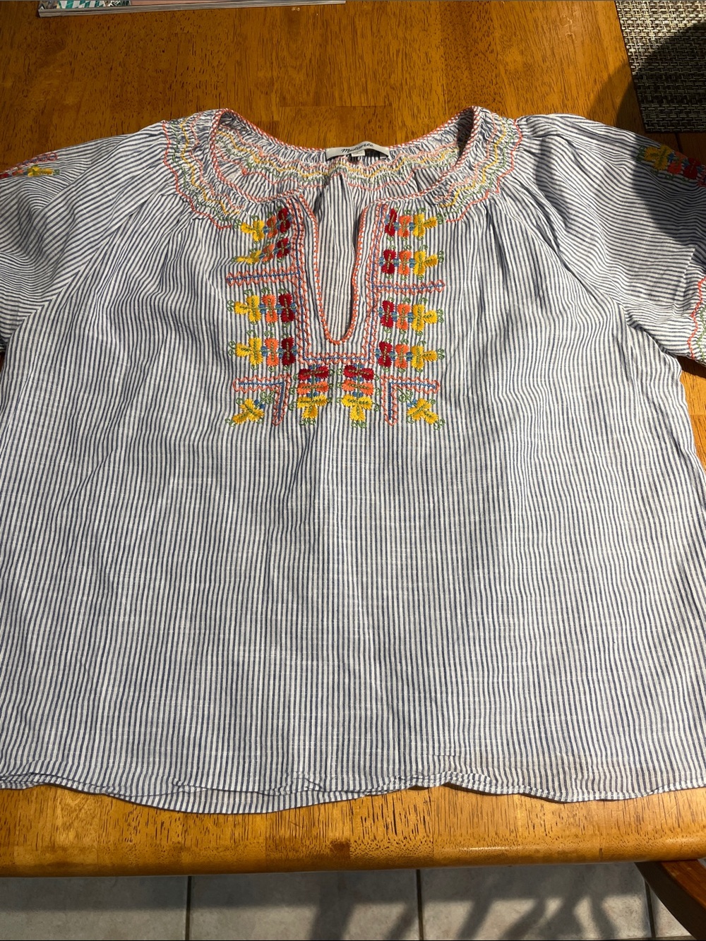 Madewell Embroidered Blue Stripe Peasant Top - Picture 5 of 9